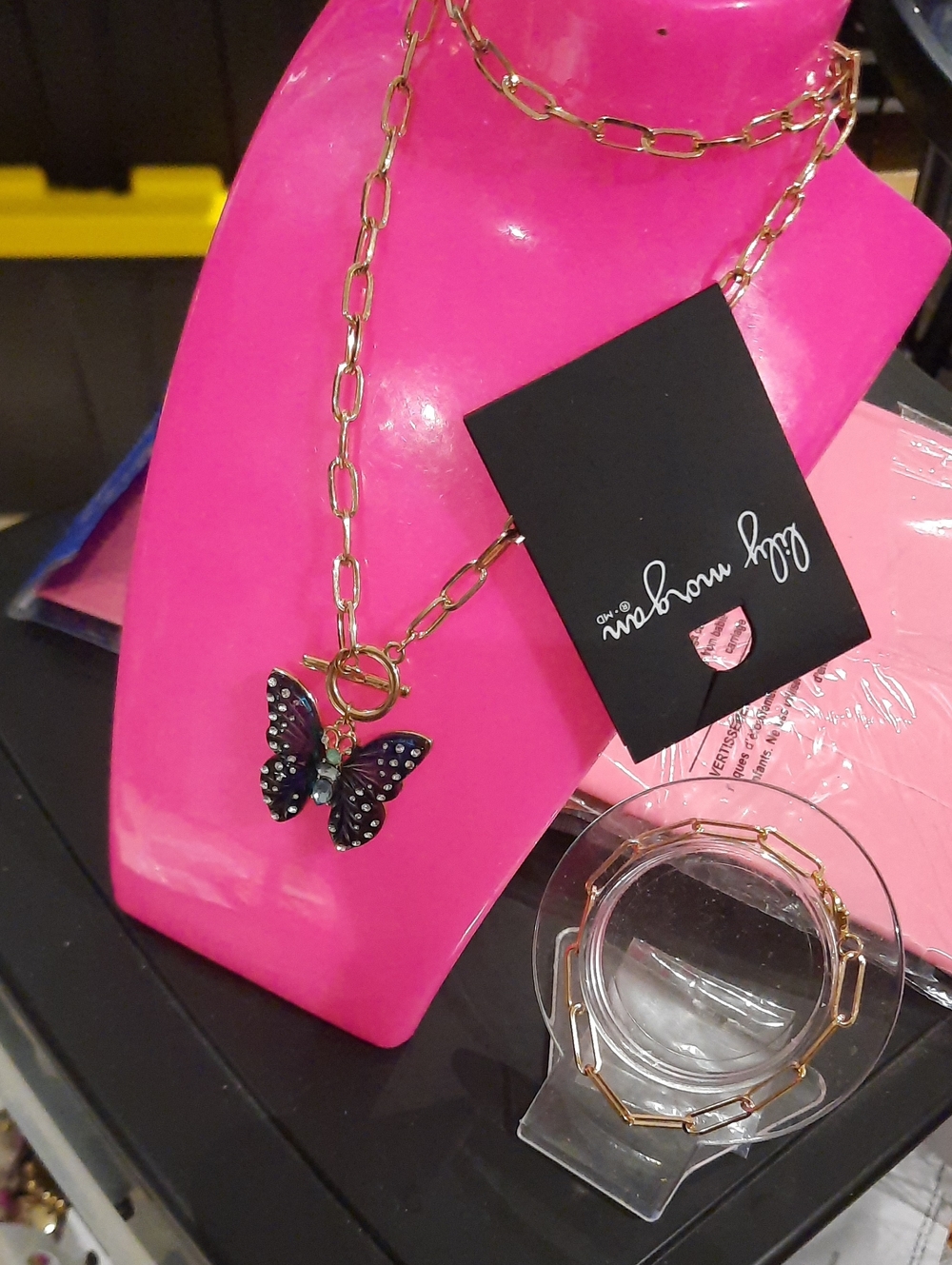 Gold Chain Necklace Crystal Butterfly Pendant & Bracelet Set Paperclip Design